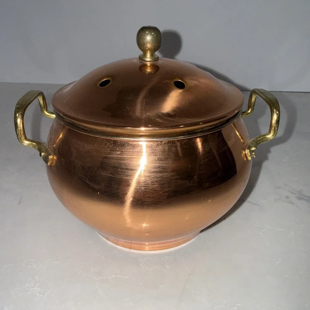 Vintage Copper Potpourri Pot With Lid Brass Handles Bowl Container